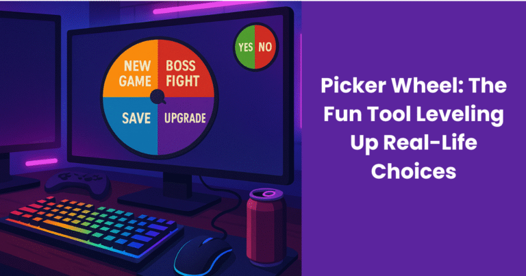 A colorful gaming setup featuring a desktop screen displaying a Picker Wheel with game options like 'New Game,' 'Boss Fight,' 'Save,' and 'Upgrade.' A smaller 'Yes or No Wheel' appears in the corner. The setup includes a rainbow-lit keyboard, mouse, controller, and soda can, with purple lighting adding a vibrant atmosphere.