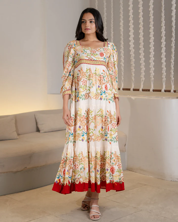 Royal Bloom one-piece floral maxi dress for women in a flowy, full-length design