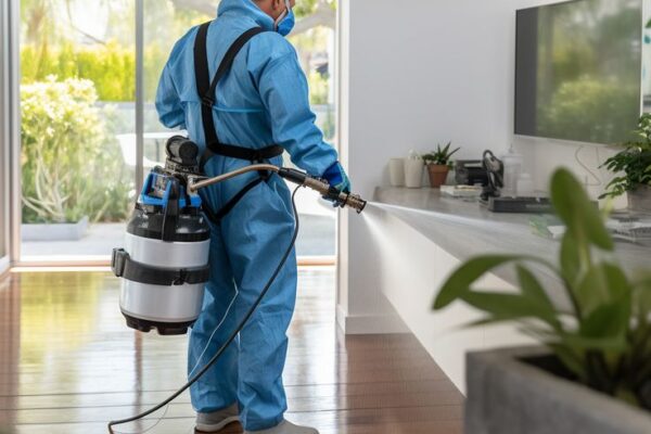 How Brooklyn Homeowners Can Stay Ahead of Pest Problems Technician in blue protective suit disinfecting a home interior with professional sanitization equipment